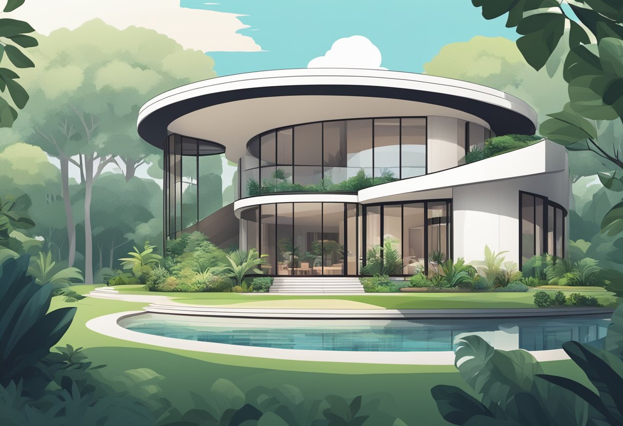 A circular house in Singapore, surrounded by lush greenery and modern architecture, with clean lines and a minimalist design