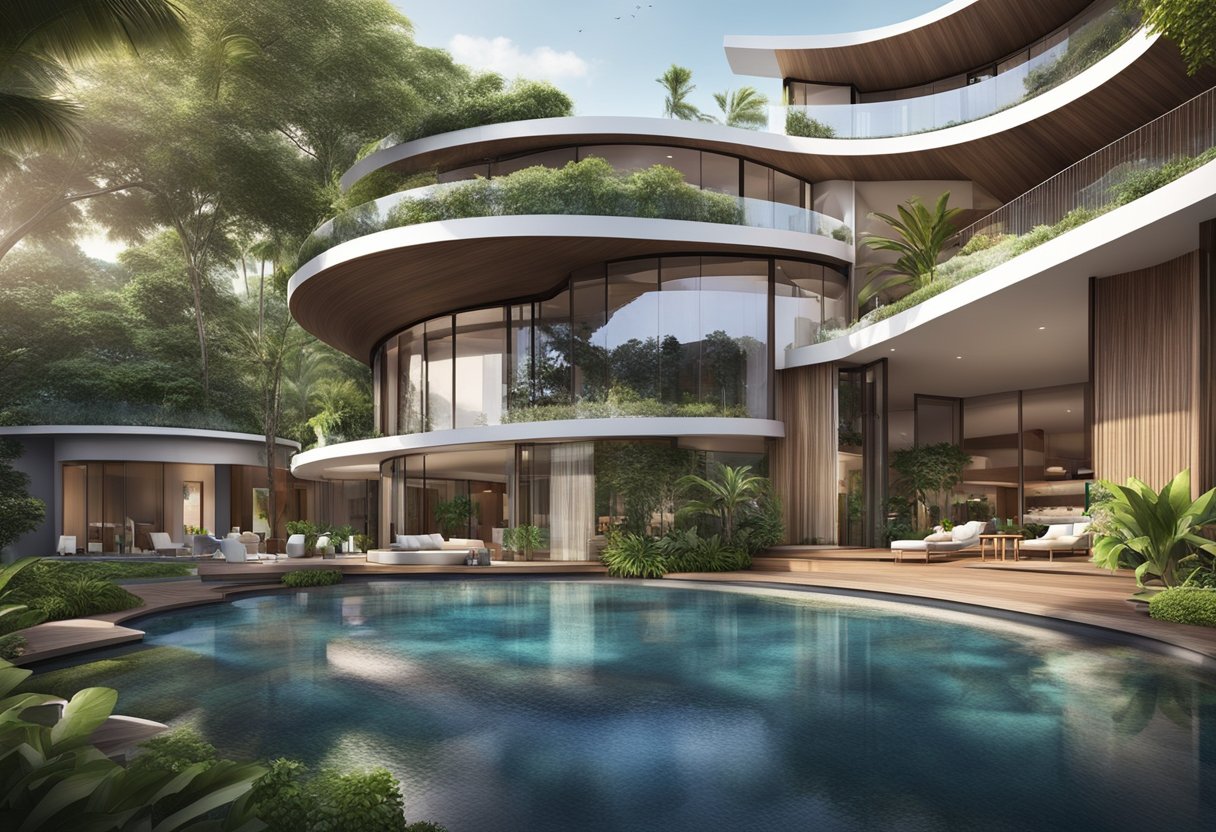 The circular house in Singapore features amenities and services, including a swimming pool, lush gardens, and a modern outdoor dining area