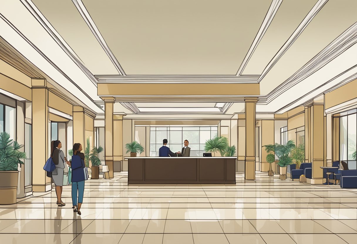 The hotel lobby bustles with guests seeking information. A large sign reads "Frequently Asked Questions" in bold letters. A staff member assists a guest at the front desk