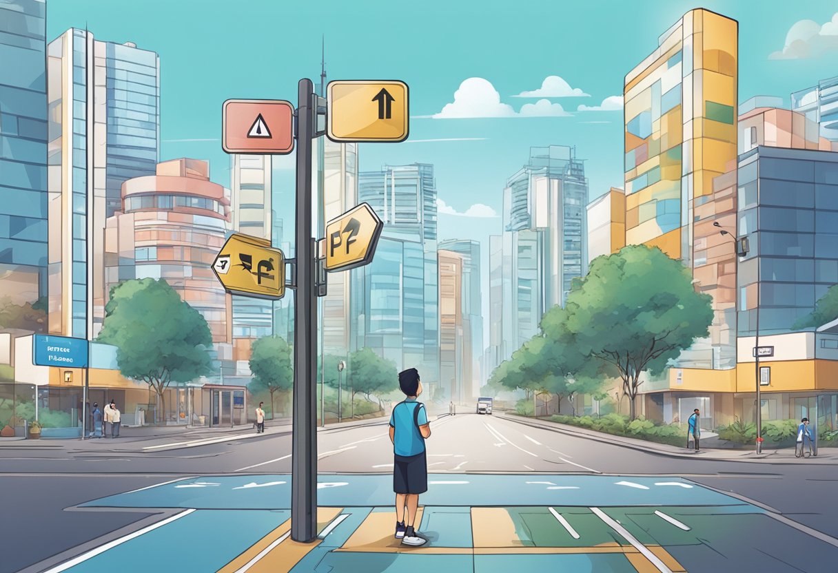 A person standing at a crossroads, looking at a signpost with directions to different physiotherapy clinics in Singapore