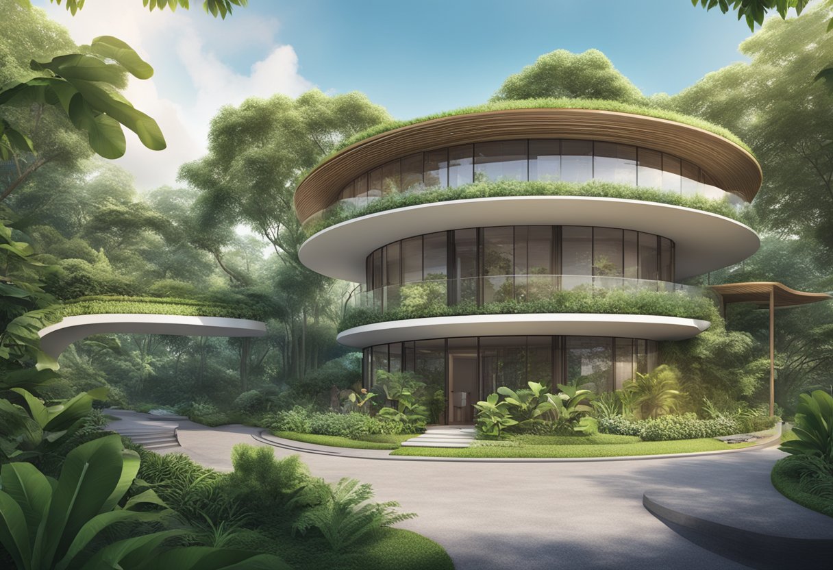 A circular house in Singapore, surrounded by lush greenery, with a sign reading "Frequently Asked Questions" displayed prominently
