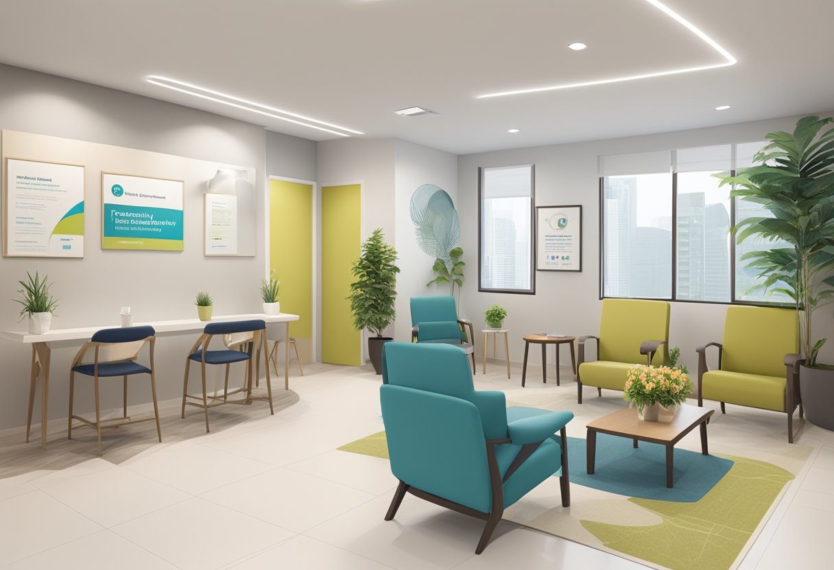 A physiotherapy clinic in Singapore with a sign displaying "Frequently Asked Questions" and a waiting area with comfortable chairs and informational brochures