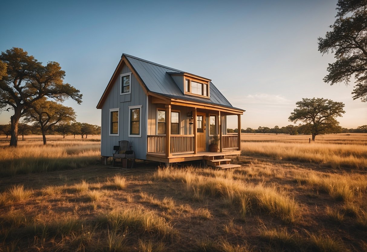 A tiny house sits on a spacious Texas property, surrounded by open land and a clear blue sky