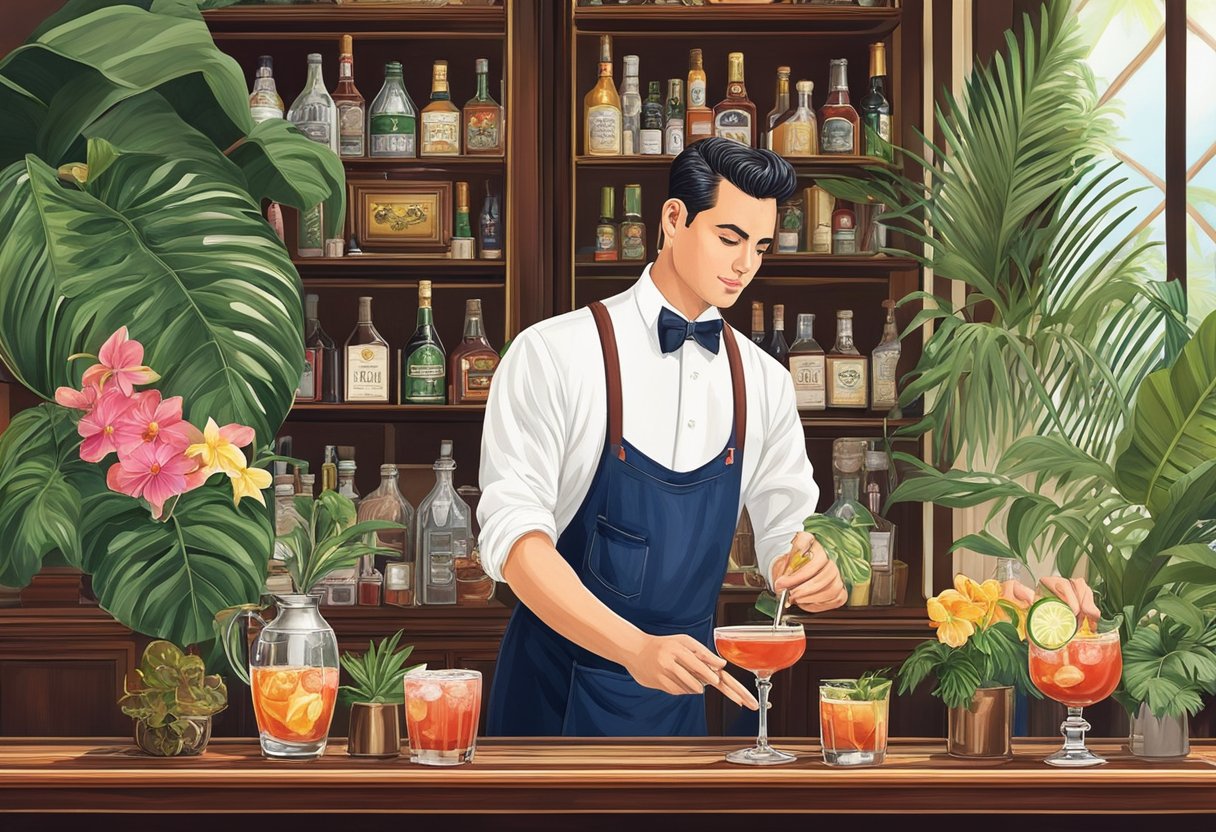 A bartender prepares a classic Singapore Sling cocktail at Raffles Hotel, surrounded by vintage decor and tropical plants