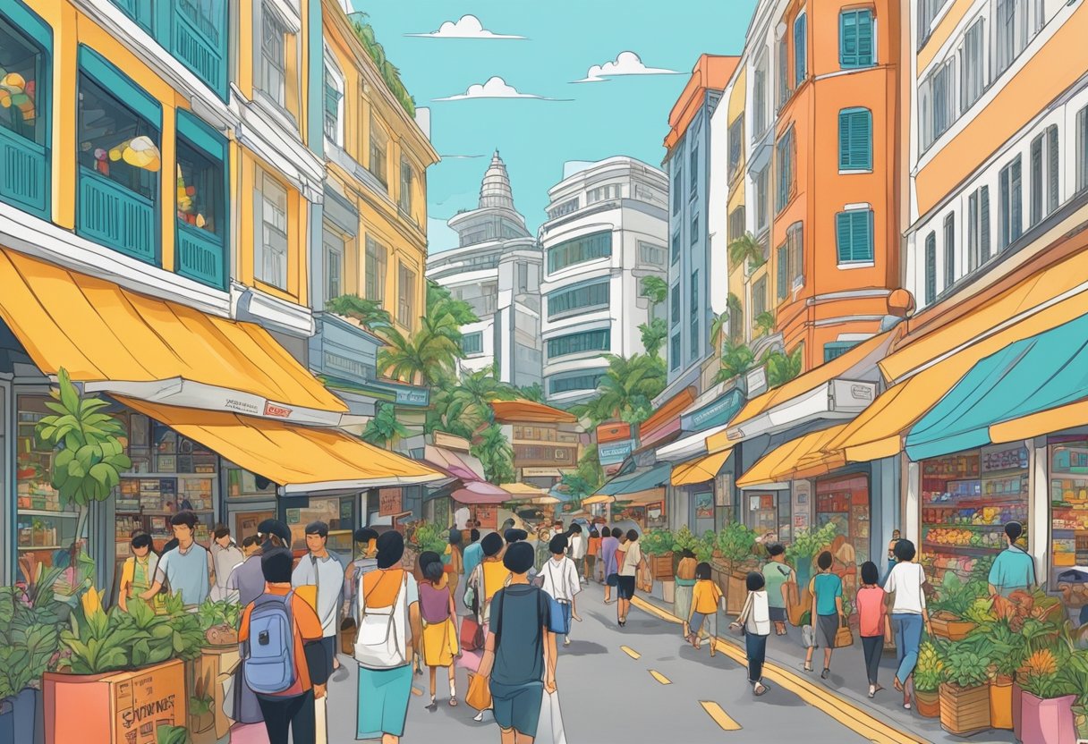 A bustling street in Singapore, with colorful shopfronts, exotic plants, and diverse people. The iconic Universal Traveller store stands out with its modern design and vibrant displays