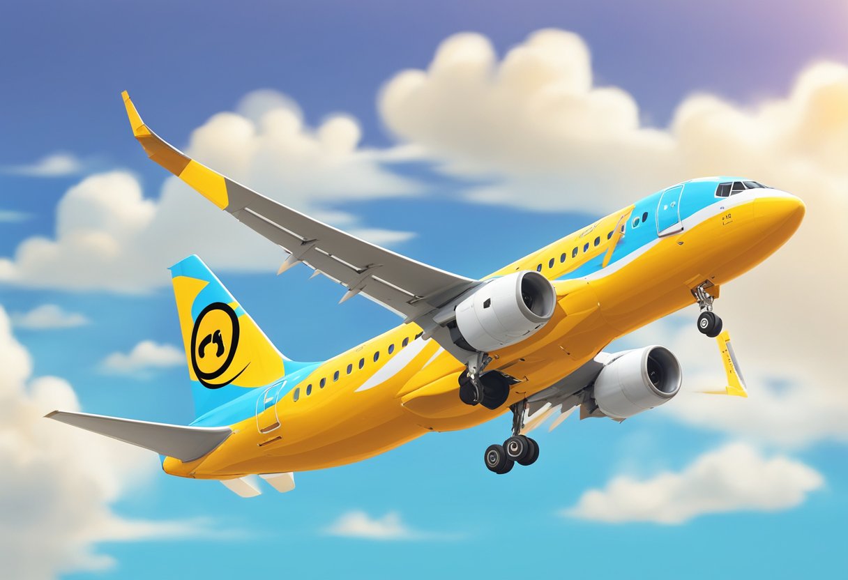 A colorful Scoot Airlines plane takes off against a bright blue sky, with the iconic Scoot logo visible on the tail