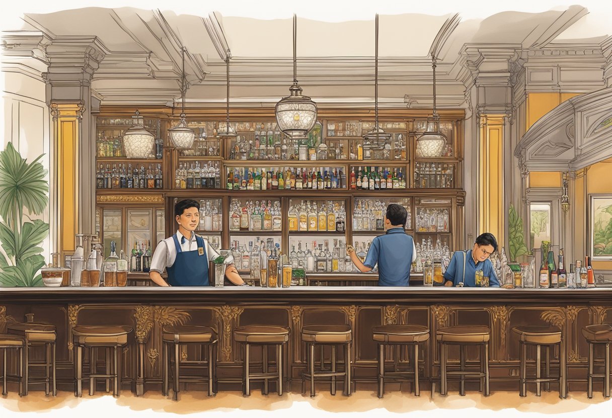 A bustling bar at Raffles Hotel, with a bartender expertly mixing a Singapore Sling amidst the elegant colonial architecture