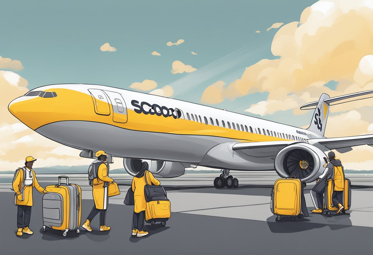 Passengers boarding a sleek, modern aircraft with the Scoot Airlines logo prominently displayed on the tail. Ground crew members load luggage onto the plane as travelers eagerly prepare for their journey