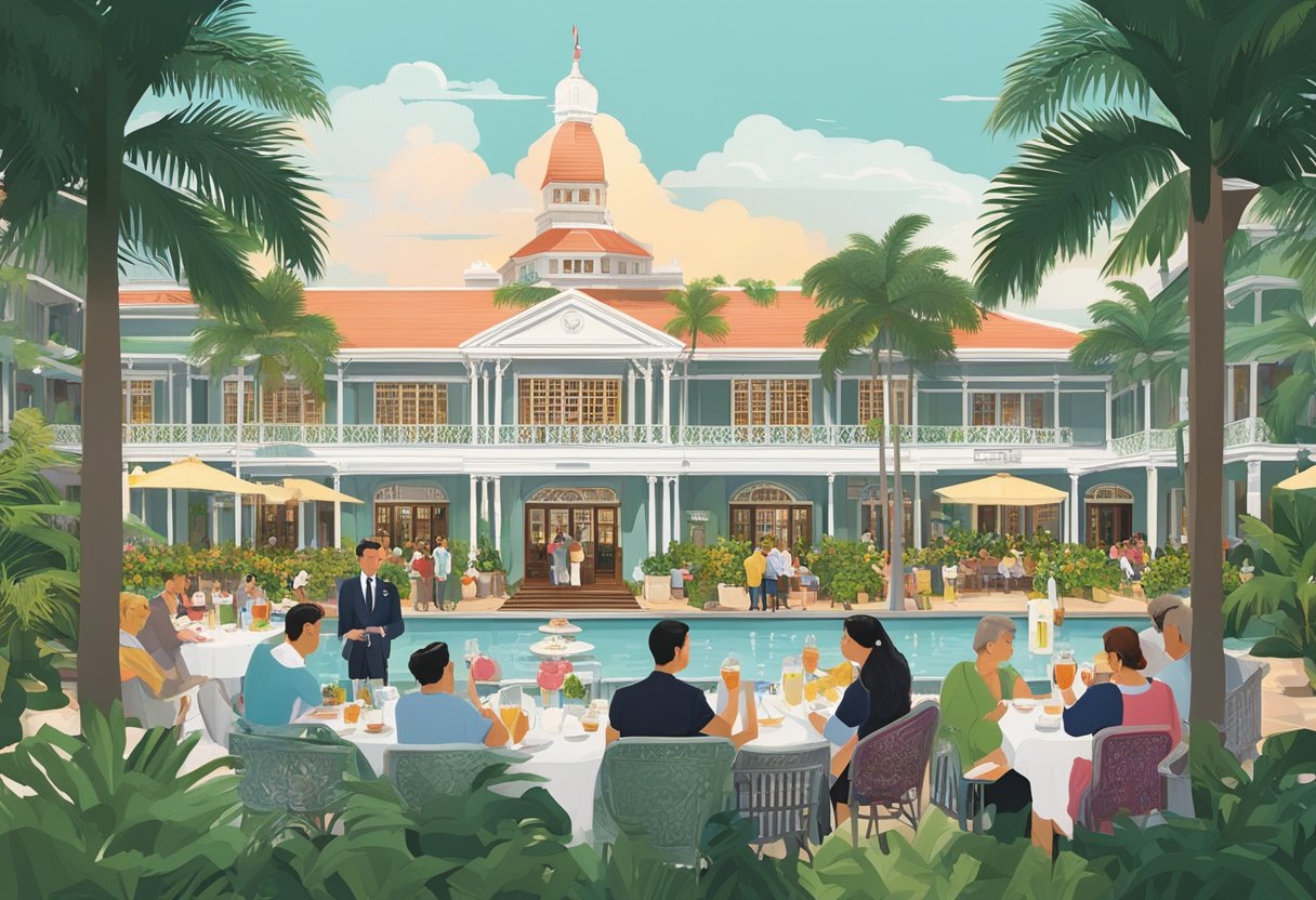 Guests savor the iconic Singapore Sling at Raffles Hotel, surrounded by colonial architecture and lush tropical gardens