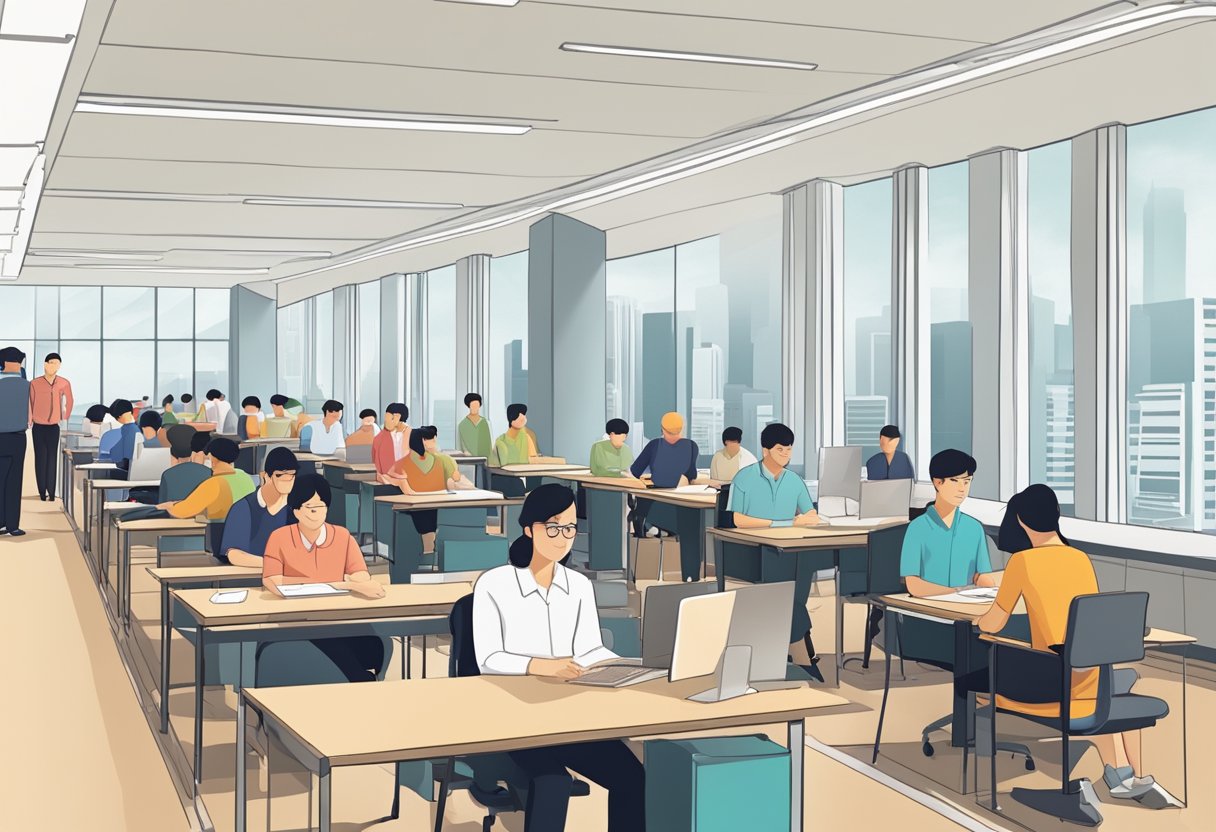 The retrenchment scene in Singapore shows empty office desks, closed businesses, and people lining up at job fairs