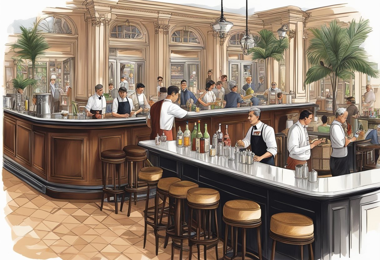 A bartender prepares a classic Singapore Sling at Raffles Hotel bar, surrounded by curious patrons and the iconic colonial architecture