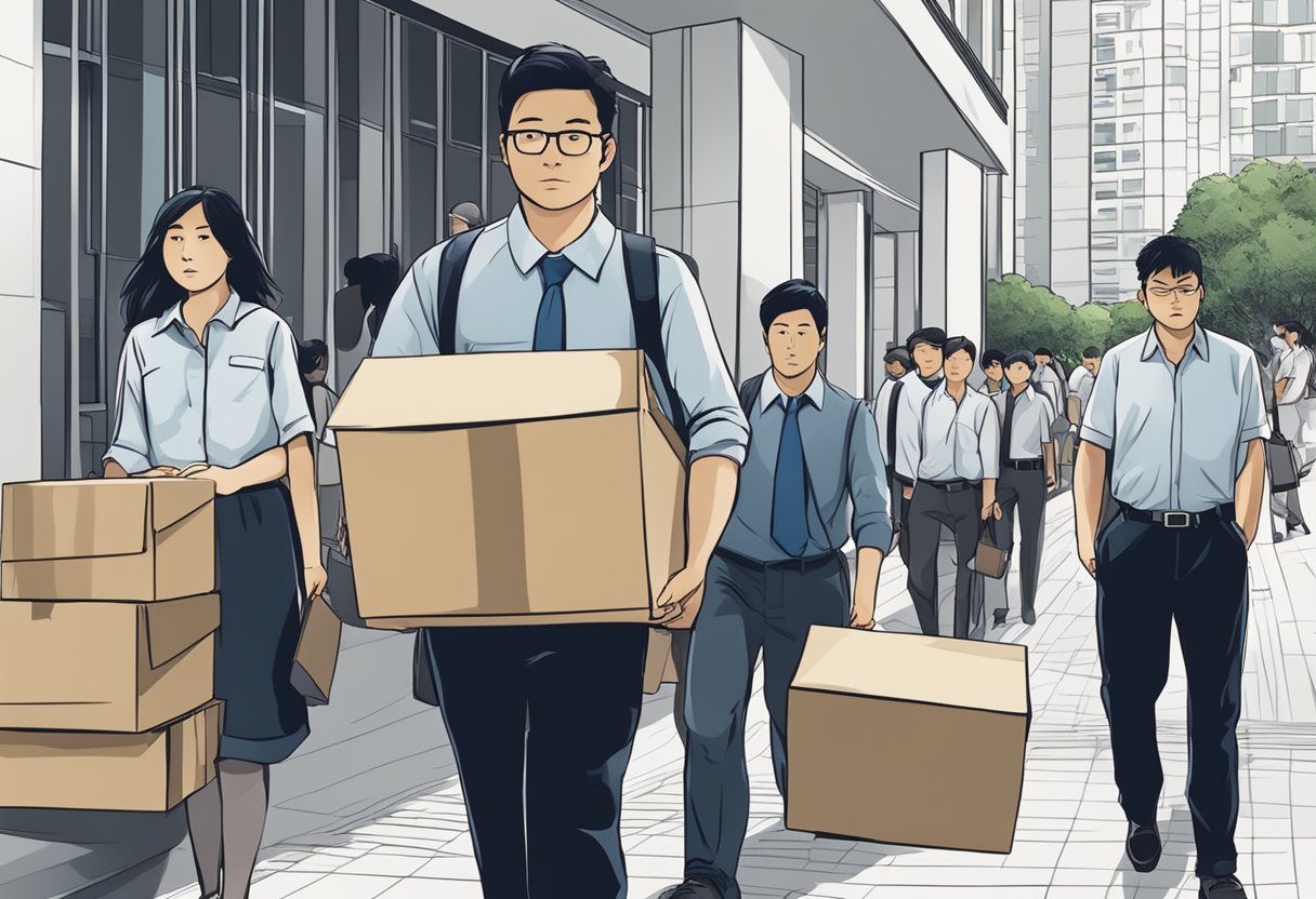 A group of workers leaving an office building, carrying boxes and looking somber, with a sign in the background reading "Retrenchment in Singapore."