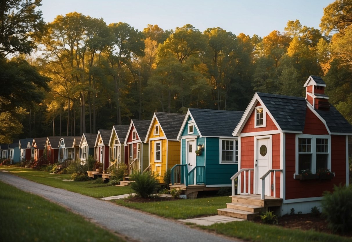 A small, quaint village in Tennessee with rows of charming tiny houses nestled among the trees, each with its own unique design and colorful exterior