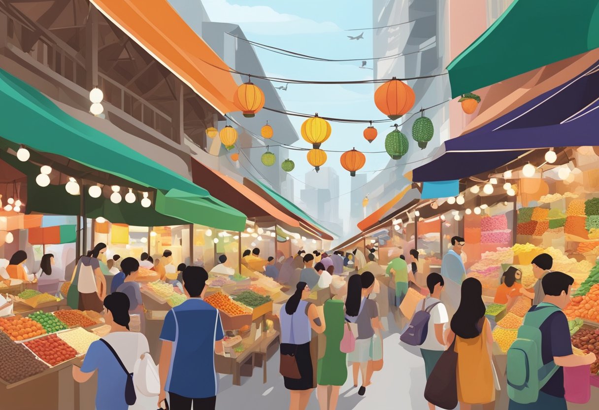 Shoppers browse vibrant stalls at a bustling Singapore market, surrounded by colorful goods and the aroma of exotic spices