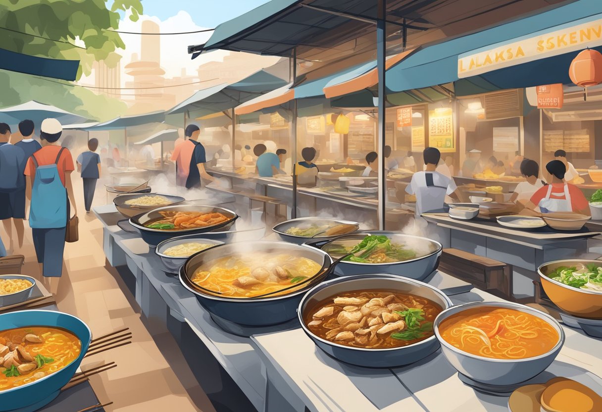 A colorful hawker center with steaming bowls of laksa, sizzling satay skewers, and fragrant plates of chicken rice in Singapore