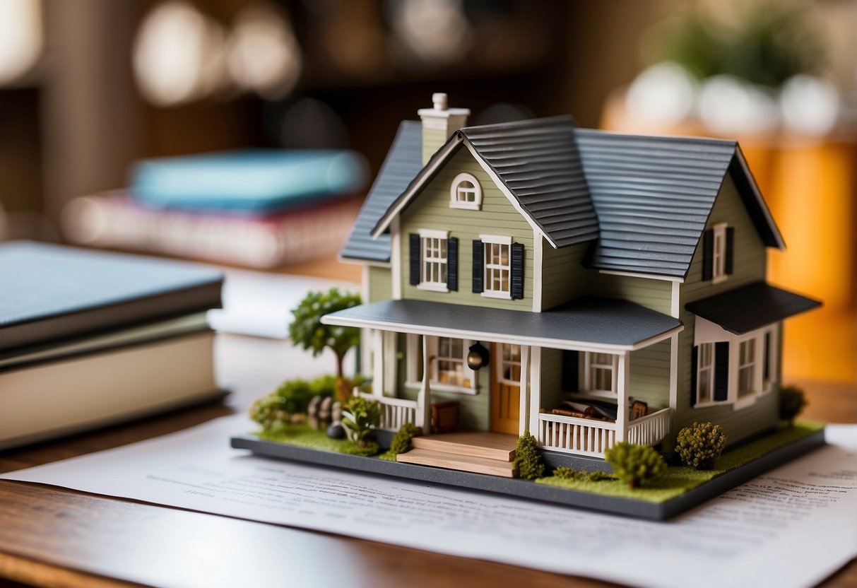 An official document with "Tennessee Tiny House Regulations" printed on it, surrounded by legal books and a scale model of a tiny house