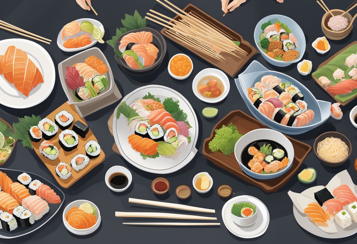 A table set with sushi, sashimi, and ramen bowls at a bustling Japanese restaurant in Singapore