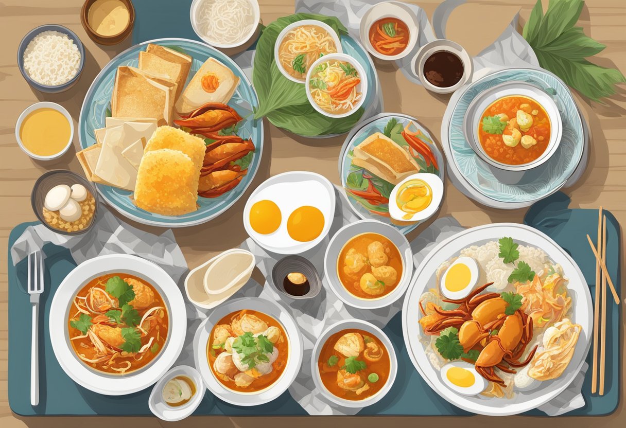 A table set with iconic Singaporean dishes: chili crab, Hainanese chicken rice, laksa, and kaya toast with soft-boiled eggs