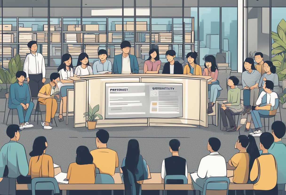 A group of people gathered around a sign that reads "Frequently Asked Questions about retrenchment in Singapore," with concerned expressions on their faces