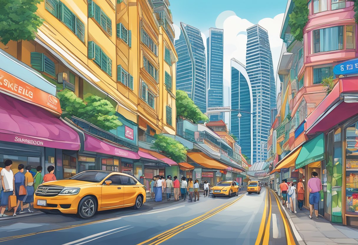 A bustling street in Singapore, with colorful shopfronts and vibrant signs. The iconic Marina Bay Sands building looms in the background, reflecting in the water