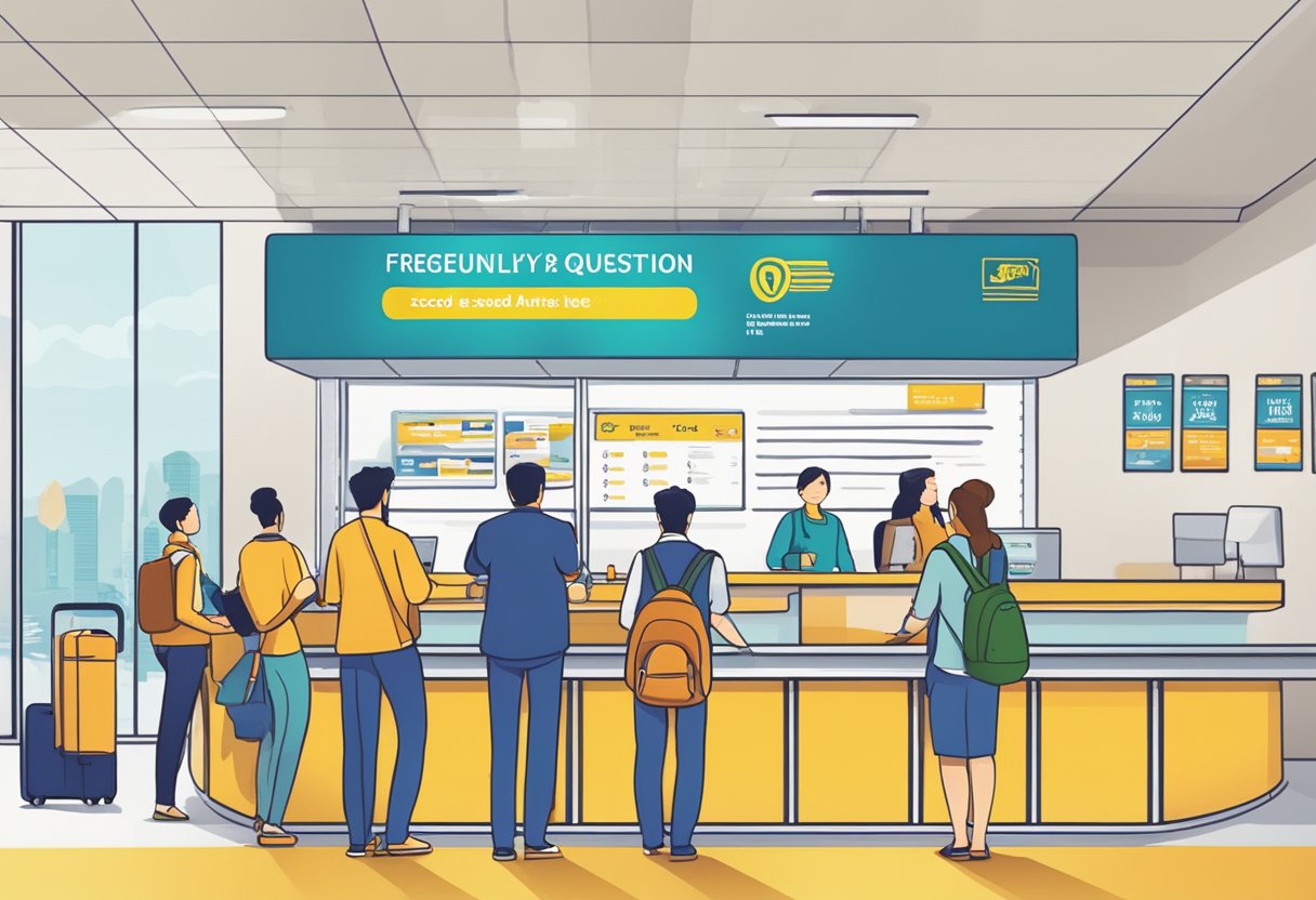 Passengers lining up at a customer service counter with a sign reading "Frequently Asked Questions - Scoot Airlines Singapore" overhead