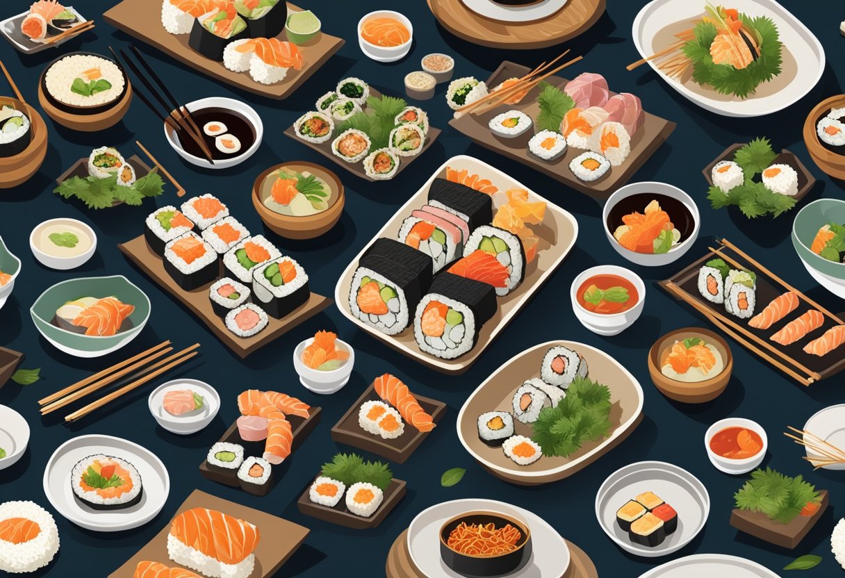A table set with various Japanese dishes, including sushi, sashimi, and tempura, surrounded by traditional Japanese decor and utensils