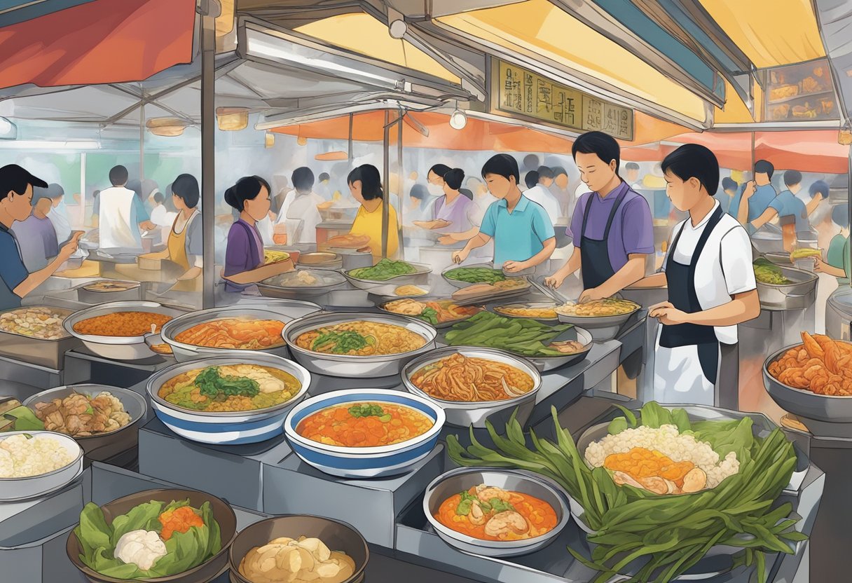 A bustling hawker center with colorful stalls serving up a variety of Singaporean dishes like Hainanese chicken rice, laksa, and chili crab. Aromatic steam rises from the sizzling woks as diners eagerly dig into their flavorful