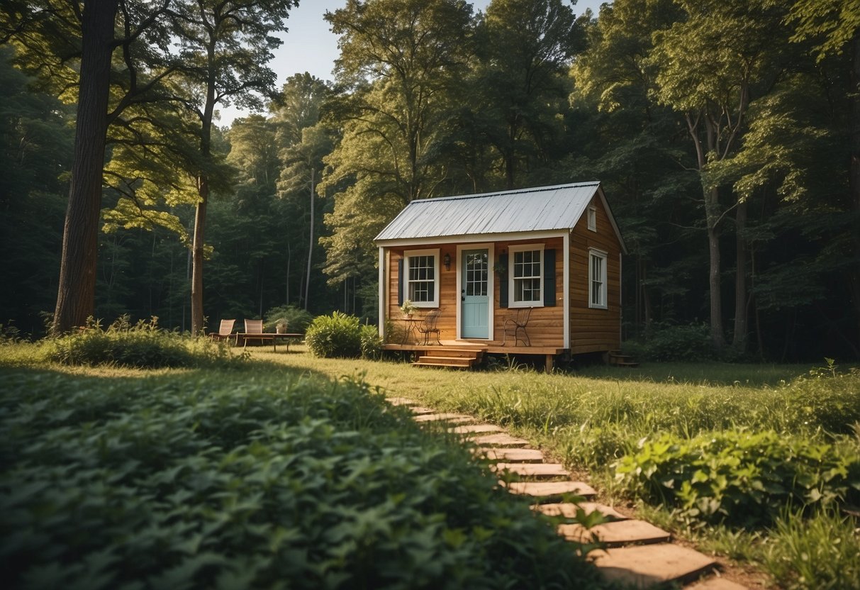 A small, quaint tiny house nestled in the Tennessee countryside, surrounded by lush greenery and a clear blue sky