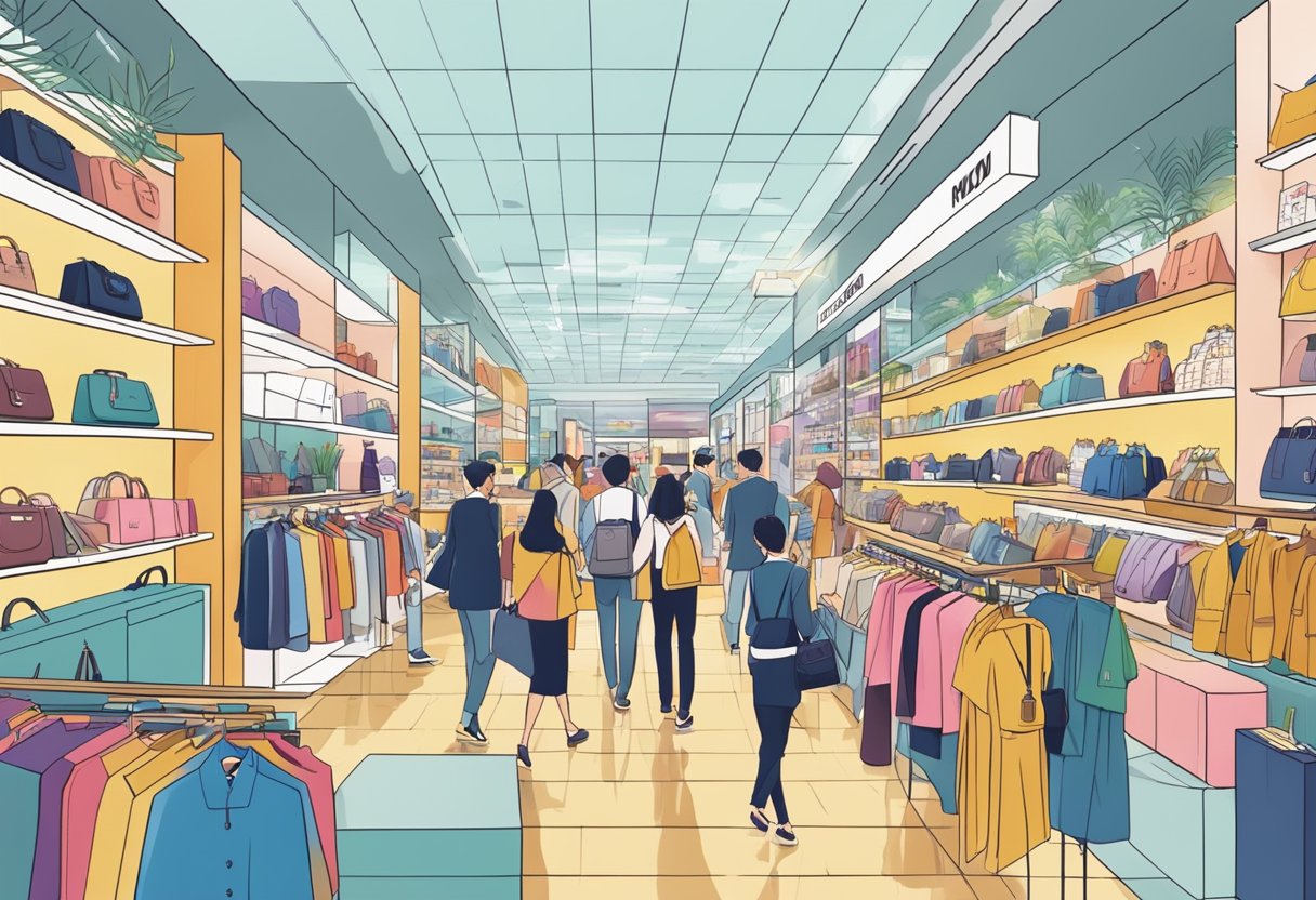 A bustling MCM store in Singapore, with vibrant displays and shoppers browsing luxury goods