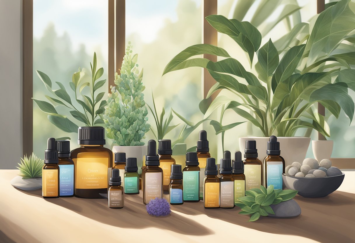A table filled with various dōTERRA essential oil bottles, diffusers, and plants. Soft natural lighting illuminates the scene, creating a calming and peaceful atmosphere