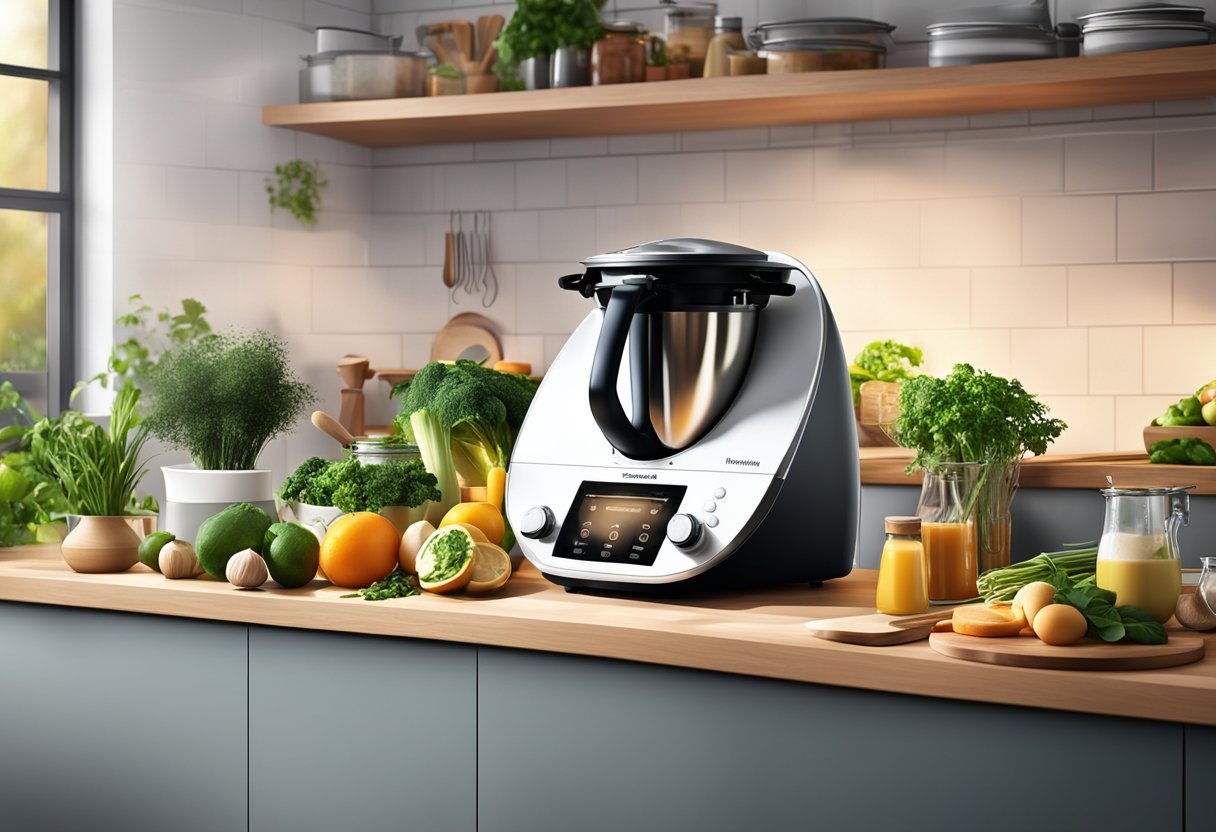 A modern kitchen with Thermomix on the counter, surrounded by fresh ingredients and utensils. The appliance is in use, emitting steam and a warm glow