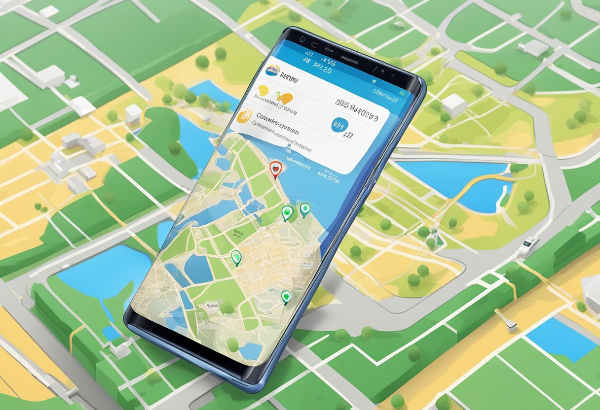 A Samsung phone with a warranty card and Singapore map in the background
