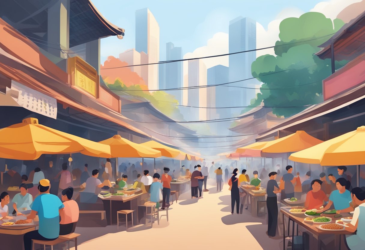 A bustling hawker center with colorful stalls and diverse cuisines, surrounded by eager diners and aromatic smoke rising from sizzling woks