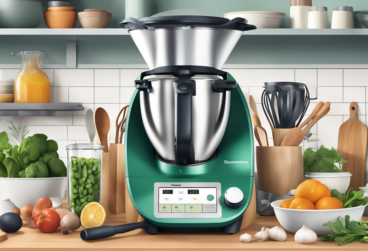 A kitchen counter with the Thermomix TM6 in focus, surrounded by various ingredients and kitchen utensils. The machine is being used to prepare a meal, with steam rising from the cooking process