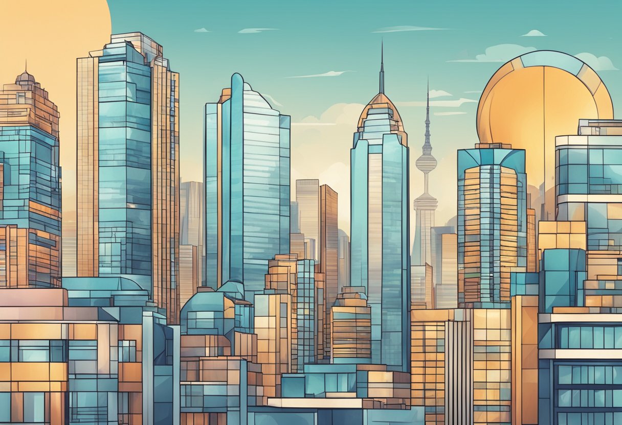A modern city skyline with iconic MCM buildings and luxury lifestyle scenes