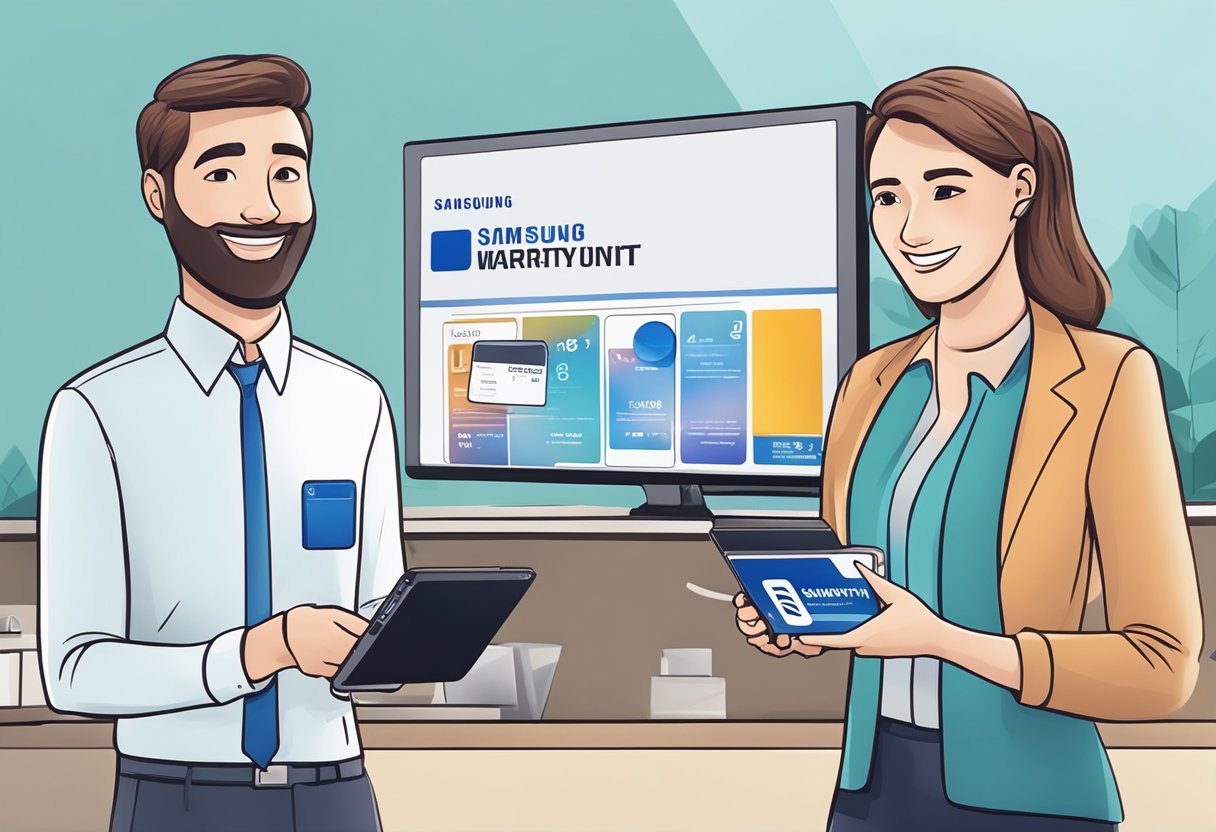 A customer holding a Samsung product with a warranty card and a smiling customer service representative explaining the details