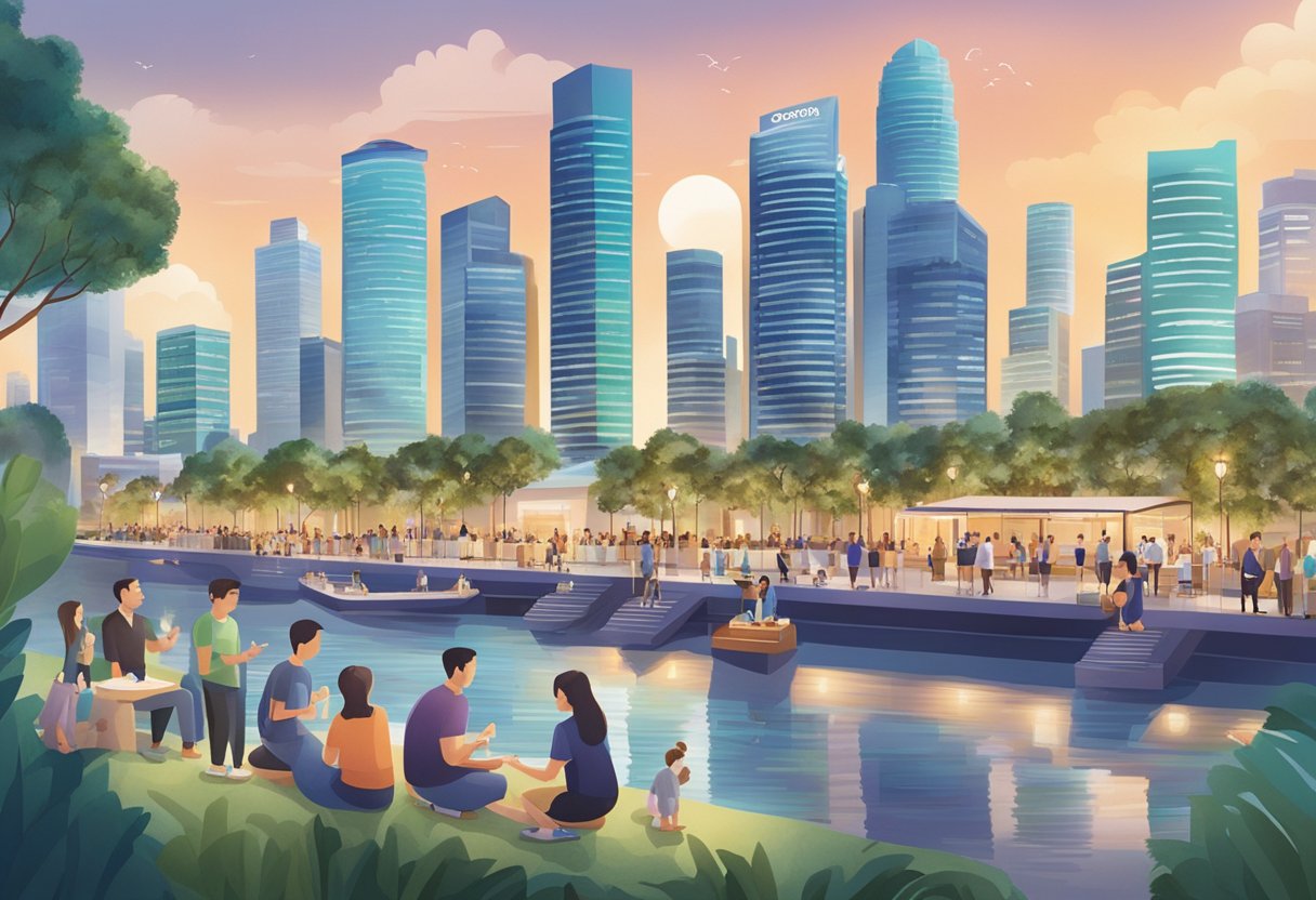 A group of people in Singapore receiving rewards from doTERRA, surrounded by the iconic city skyline