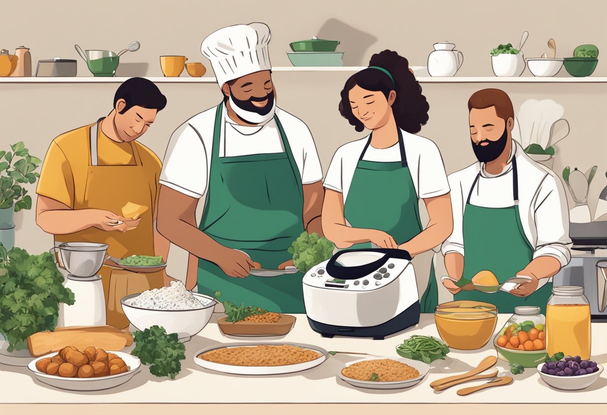 A group of people gather around a Thermomix, exchanging recipes and tips. Cookbooks and ingredients are scattered around, creating a warm and inviting atmosphere