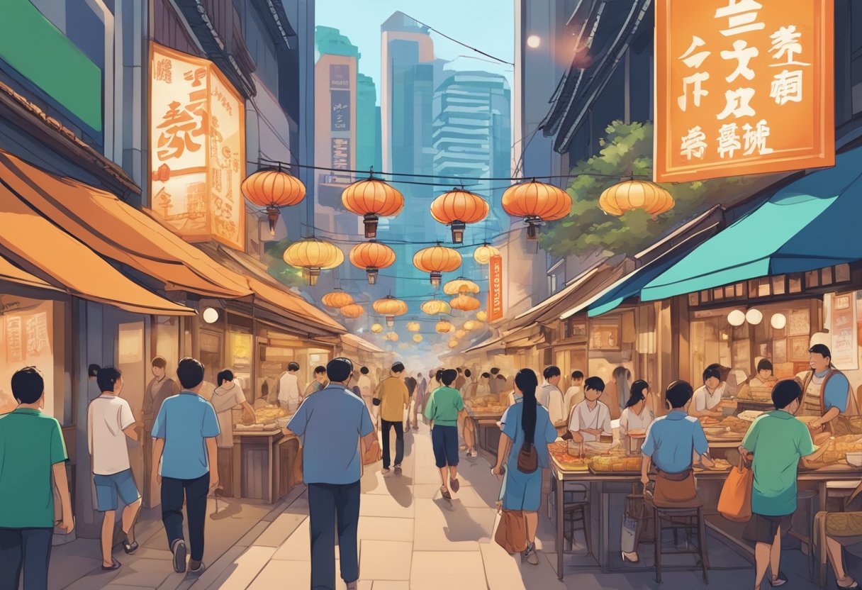 A bustling street in Singapore, lined with colorful banners and signs advertising Japanese restaurants. A mix of locals and tourists eagerly queue outside, drawn in by the tantalizing aroma of sizzling yakitori and savory ramen