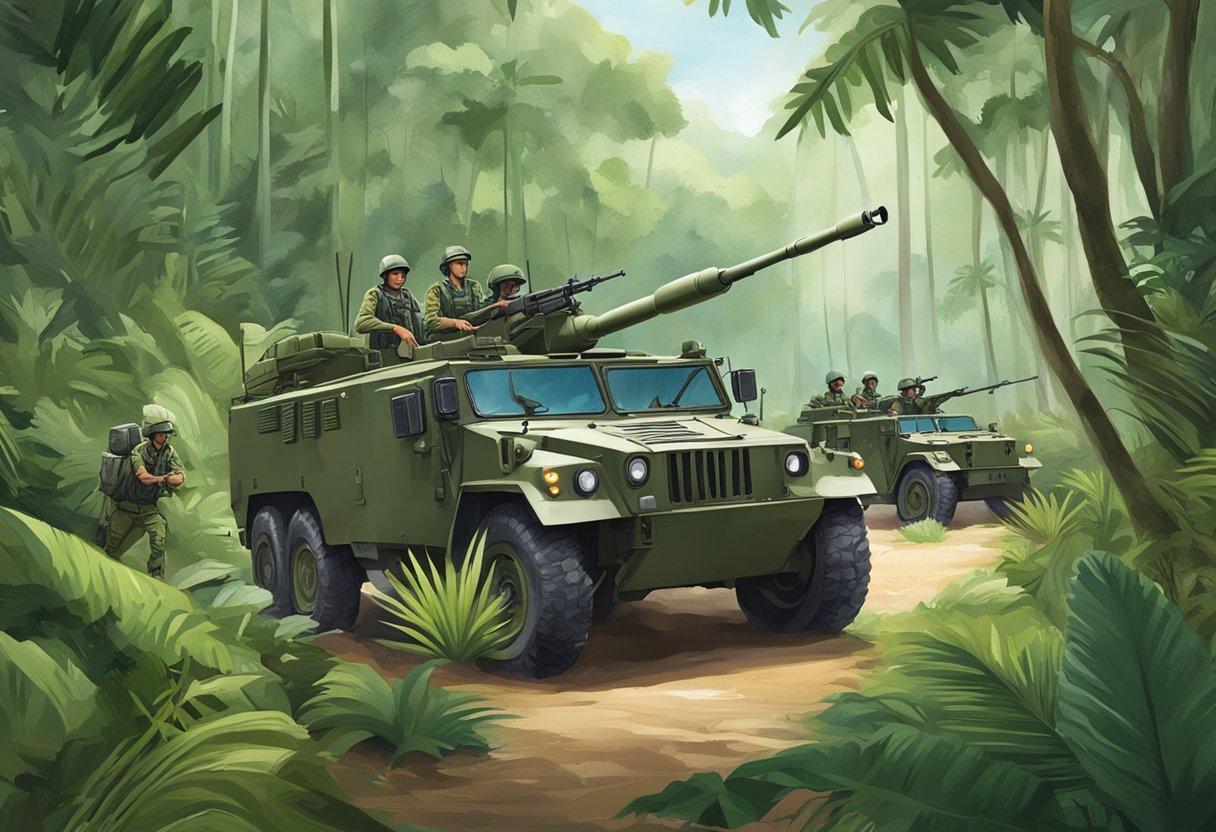 Singapore army vehicles and soldiers in uniform conducting military exercises in a lush, tropical jungle setting