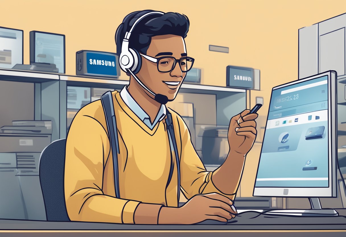 A customer service representative assisting a customer with a Samsung product issue over the phone, with a logo of Samsung prominently displayed in the background