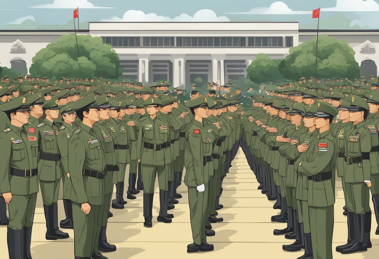 The Singapore army's organizational structure is depicted through a clear hierarchy of ranks and divisions, with a strong emphasis on discipline and coordination