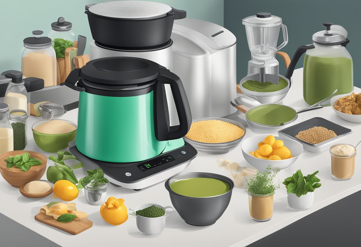 A table with a Thermomix machine surrounded by various ingredients and kitchen utensils. A banner with "Frequently Asked Questions Thermomix Singapore" is displayed prominently