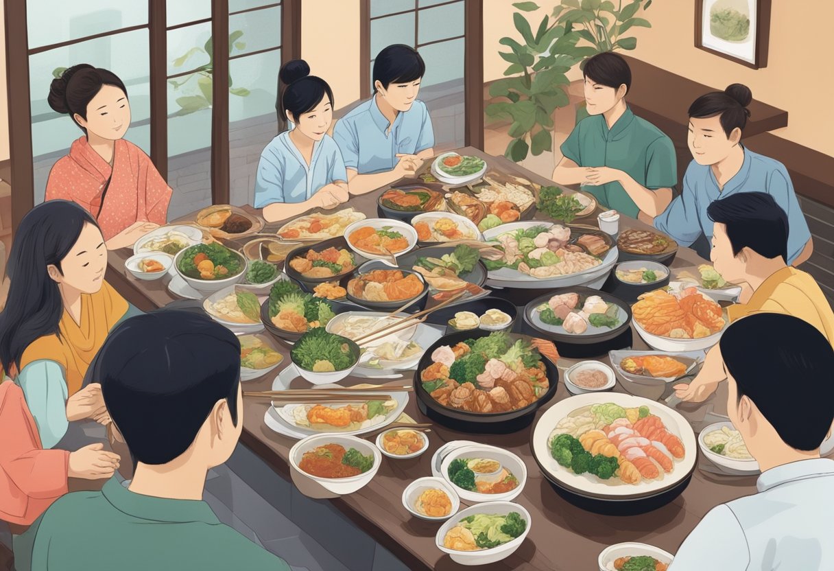 A table spread with various Japanese dishes, surrounded by eager customers with questions in a bustling Singapore restaurant