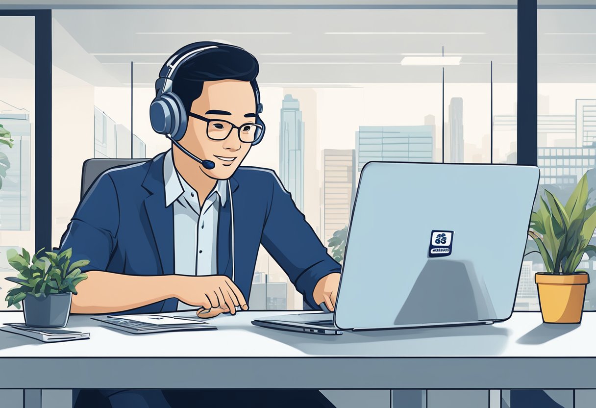 A customer service representative at a desk, with a Samsung logo in the background, answering inquiries about warranty coverage in Singapore