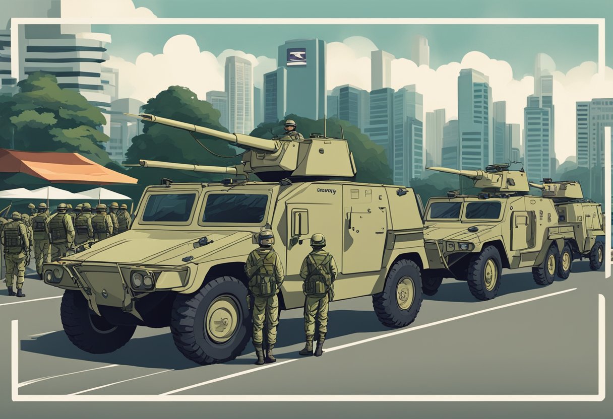 Soldiers in uniform standing in formation, surrounded by military equipment and vehicles, with a large sign reading "Frequently Asked Questions Singapore Army."