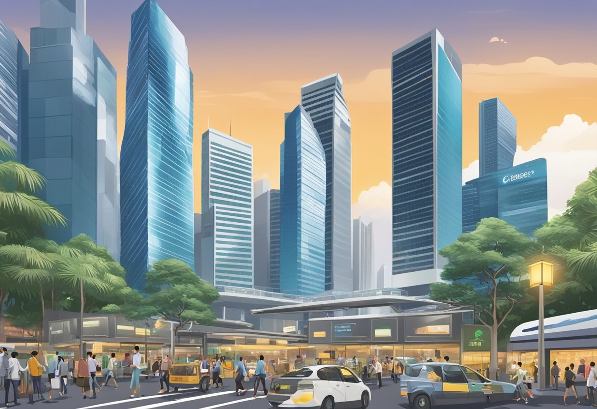 A bustling financial district in Singapore, with skyscrapers and the iconic skyline in the background. Traders and investors are seen moving around, with the ShareInvestor logo displayed prominently on a large electronic billboard