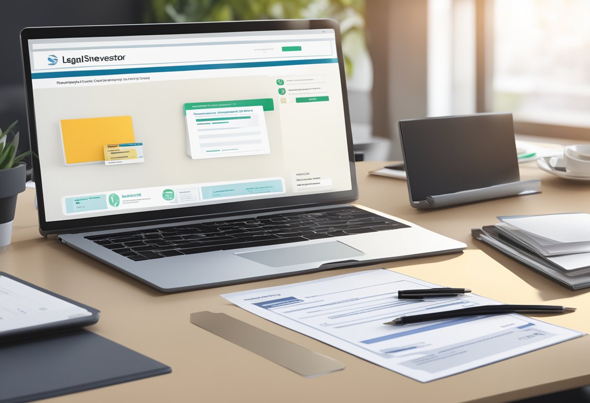 A stack of legal documents and a membership card on a desk. A computer screen displays the ShareInvestor Singapore website