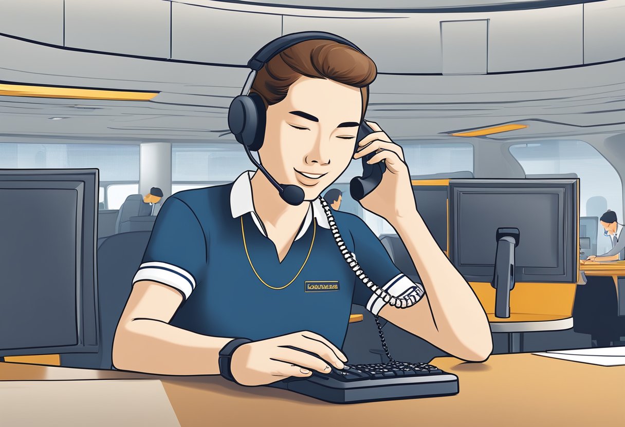A person dialing the Singapore Airlines call center number on a phone, with the airline's logo and contact information displayed in the background