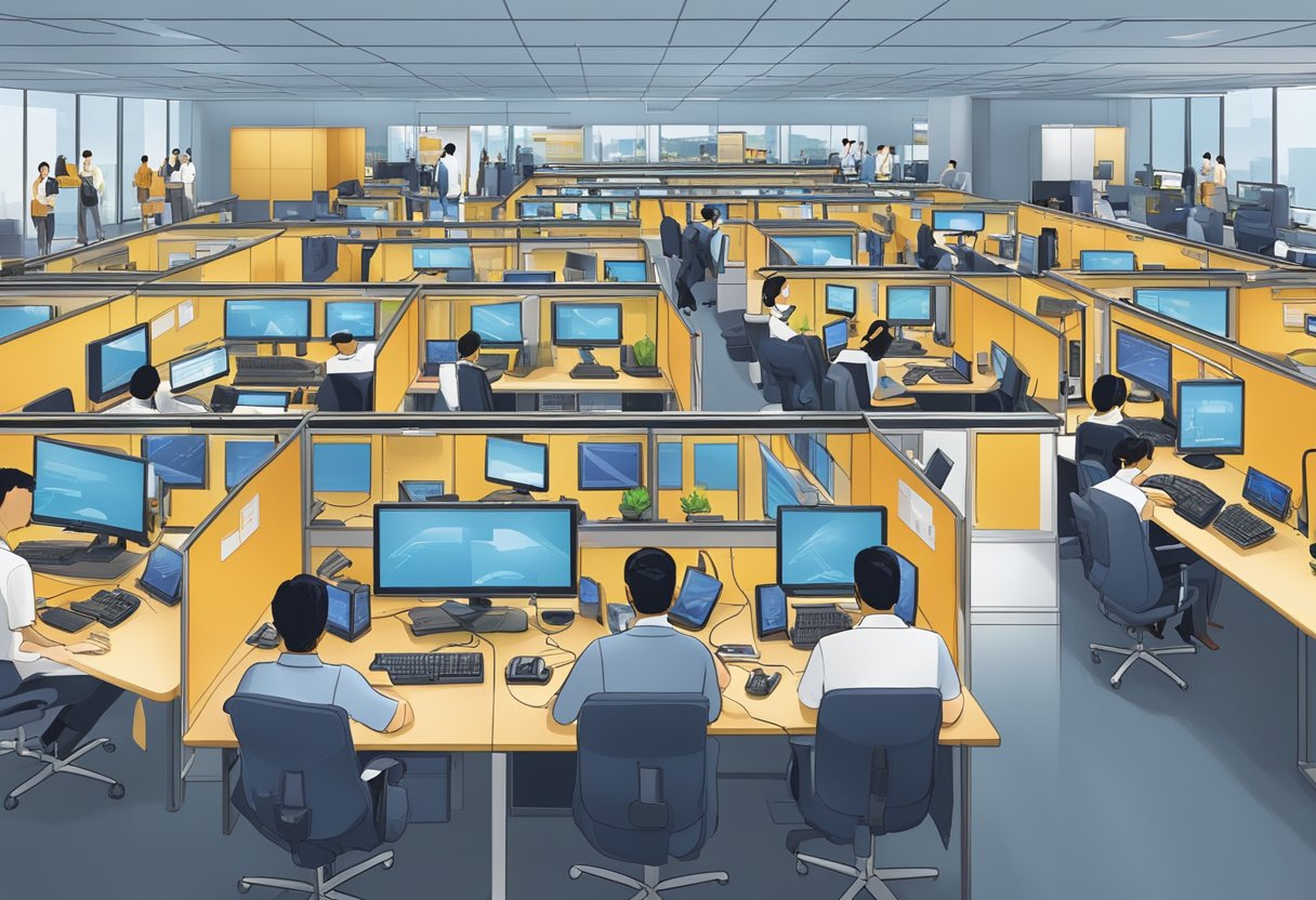 A bustling call center with staff assisting customers, surrounded by computer screens and headsets, representing Singapore Airlines' 24-hour support